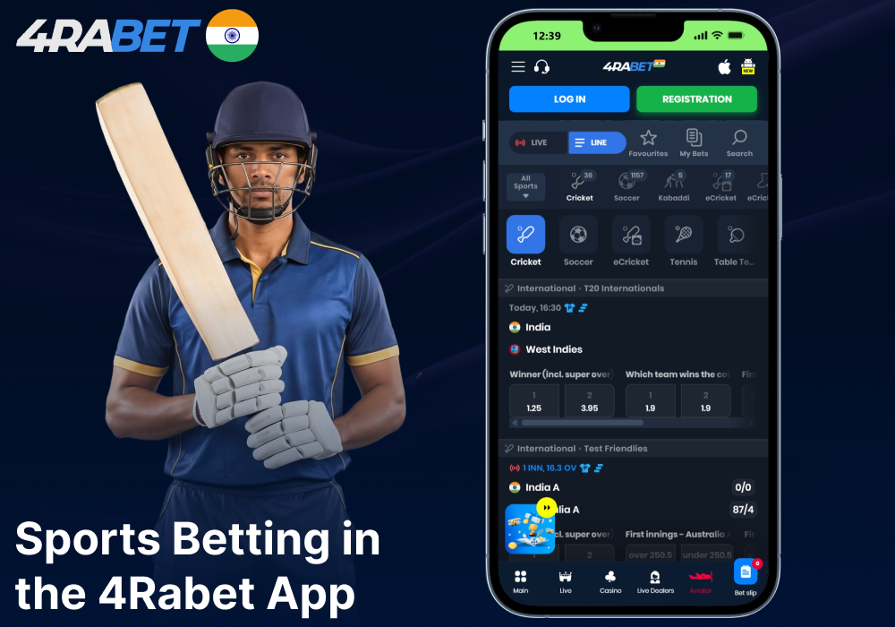 Sports betting options on 4Rabet mobile app for players from India