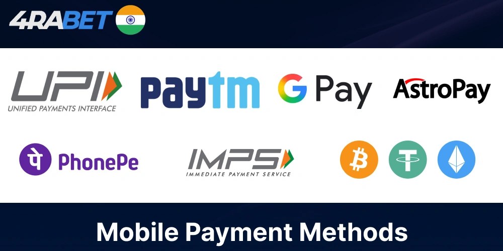 Payment options available on 4Rabet mobile app for players from India